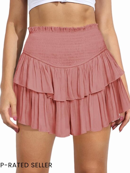 Dresses & Skirts - High Waist Ruffle Pleated Mini Skirt Stretchy Layered Flowy Beach Casual